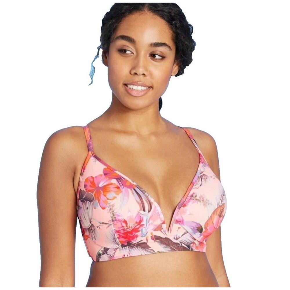 Shade & Shore Women's Swim Top 34B Floral Underwire Plunge Underwire